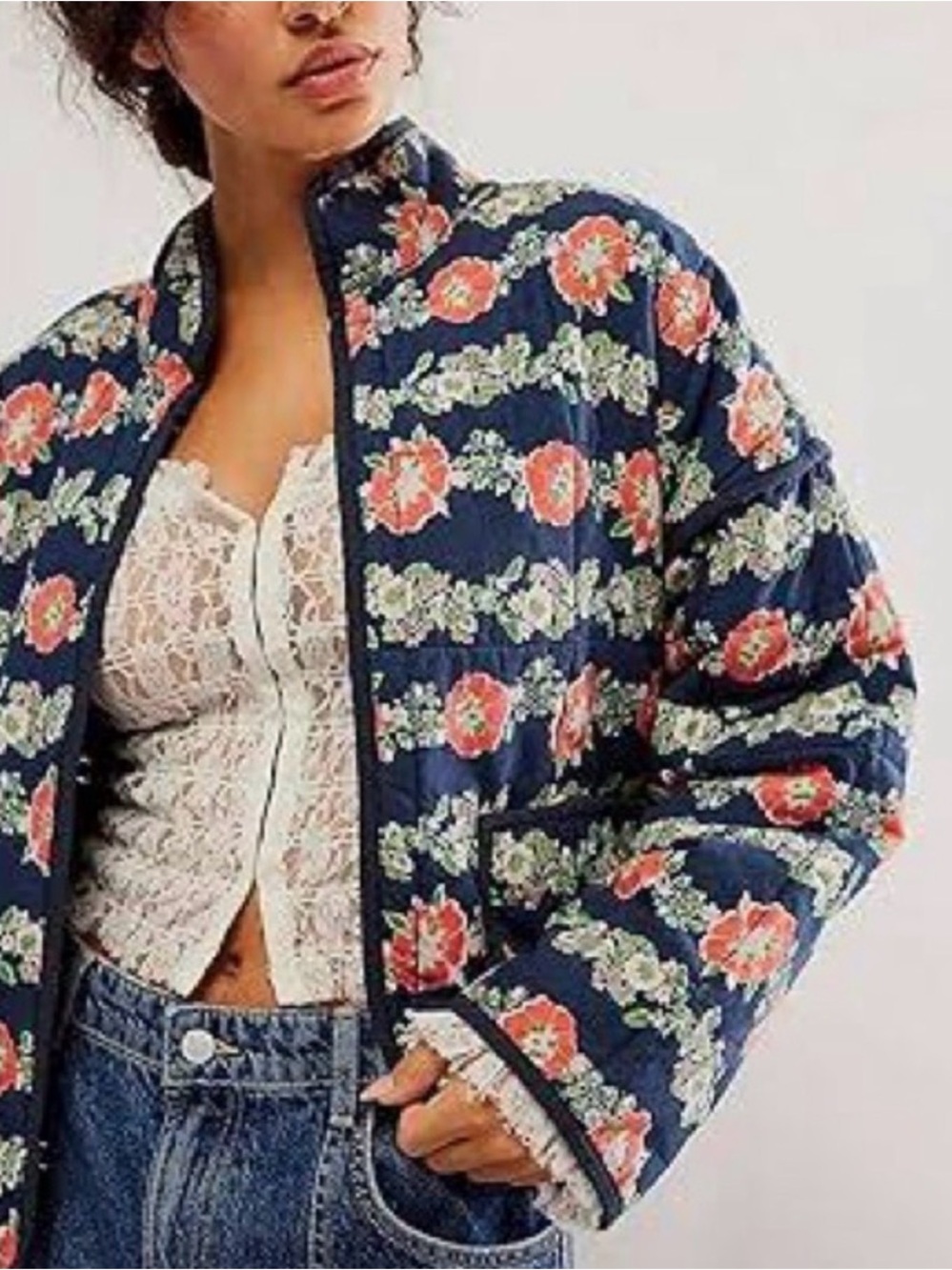Free People Black Quilted Jacket with Coral & Cream Floral Print - Picture 3 of 10